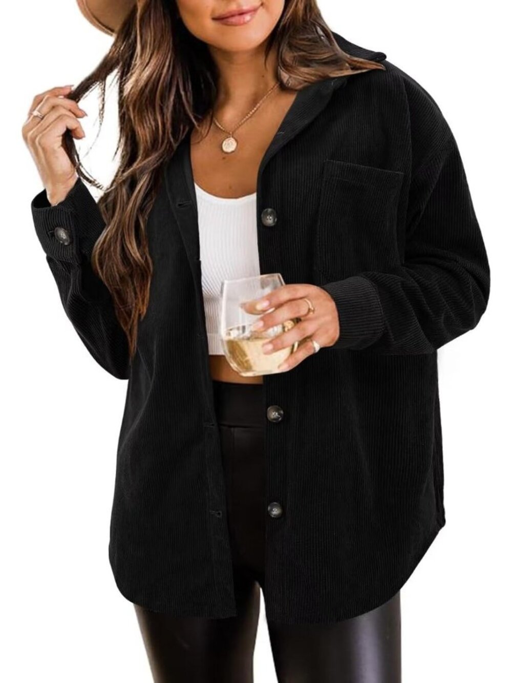 Women's Black Oversized Corduroy Long Sleeve Button-down Utility Shacket Jacket